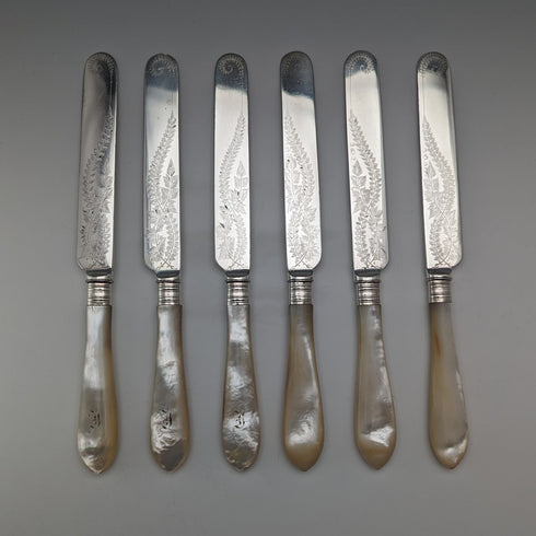 Late 19th Century British Antique White Mother of Pearl Handle Fruit Cutlery Set of 6 Pairs with Tray
